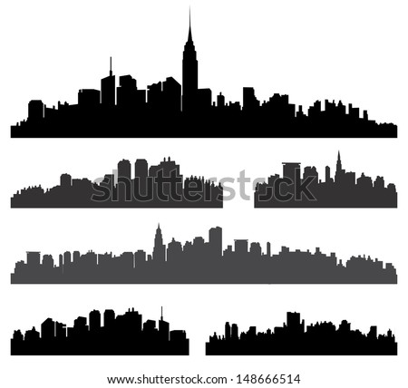 City silhouette vector set. Panorama city background. Skyline urban border collection.   Royalty-Free Stock Photo #148666514