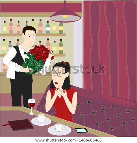 Woman in restaurant, waiter and gift roses
