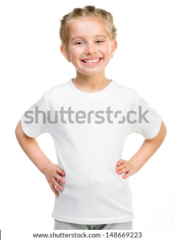 Smiling little girl in white t-shirt isolated on a white background