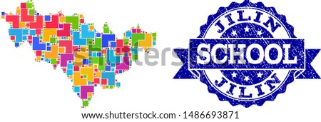 Mosaic puzzle map of Jilin Province and corroded school seal with ribbon. Vector map of Jilin Province designed with bright colored square and corner blocks. Vector seal with corroded rubber texture,