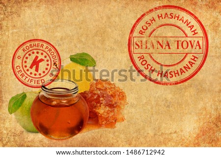 Old textured paper with red ripe apples and sweet honey. Round stamps of Rosh Hashana holiday - Jewish new year symbol and Kosher products (also in Hebrew). Certified. Isolated on white/ Copy space