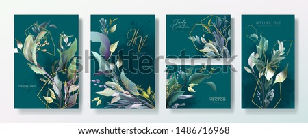 Wedding invitation frame set, flowers, leaves, mess and watercolor minimal vector. Sketched wreath, floral, herbs garland. Card with gold, gems, spots. Handdrawn Vector Watercolour style