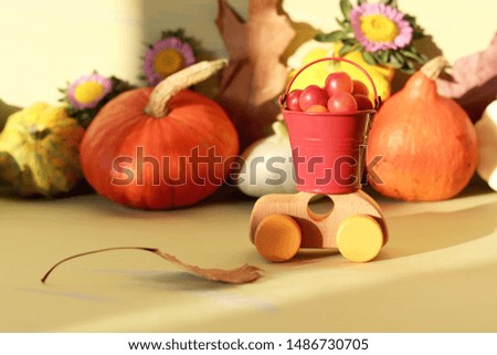 Decorative composition from a toy car, pumpkins, autumn vegetables, fruits, flowers and leaves, the concept of harvesting, natural abundance, Thanksgiving, Halloween
