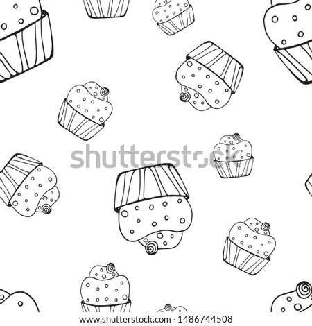 pattern with cupcakes, vector illustration, black lines, sketch. Cut coloring book.