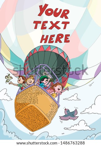 Vector illustration, kids flying in hot air balloon, banner concept.