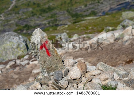 Tourist route sign to the way on Trolltunga rock, Norway. Red letter T on the stone.