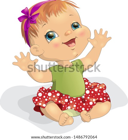 Vector illustration joyful  cute baby in a red dress with a bow on his head. In cartoon style. Clipart Isolated on white background