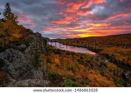 A fiery sunrise over Lake of the Clouds, Porcupine Mountains Sate Park. Michigan's Upper Peninsula