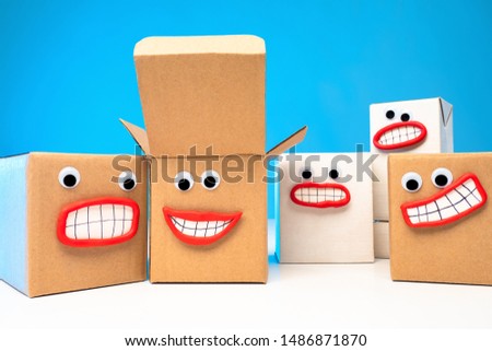 Emoji box. Packing of goods. Cardboard boxes. Delivery of purchases home. Positive emotions from shopping. Boxes of different sizes. Delivery service. boxes for moving. Procurement materials