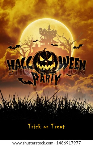 Creative background, inscription Halloween party pumpkin on a dark background. Festive background, flyer, October 31, design.