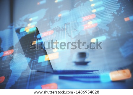 Double exposure of table with computer on background and data theme drawing. Concept of innovation.