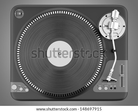 top view of black turntable isolated on gray background