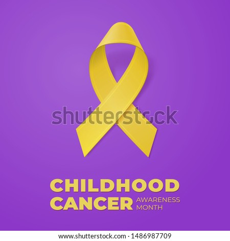 Realistic Yellow Ribbon on violet background. Template for banner, poster, invitation, flyer. Childhood Cancer Awareness Month typography. Vector illustration. EPS10