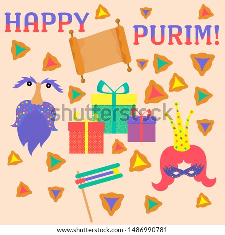 Happy Purim Jewish Holiday greeting card with traditional purim symbols, noisemaker, masque, gragger, hamantaschen cookies, crown, festival decoration, carnival vector. Greeting vector card