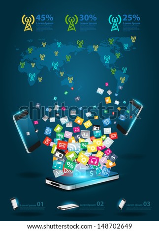 Creative mobile phones cloud of colorful application icon, Business software and social media networking online store service concept, Vector illustration modern template design