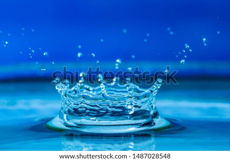 Macro photograph of a water drop impacting a body of water on a blue background.