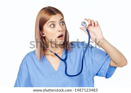 Woman doctor surprised look professional work science research stethoscope