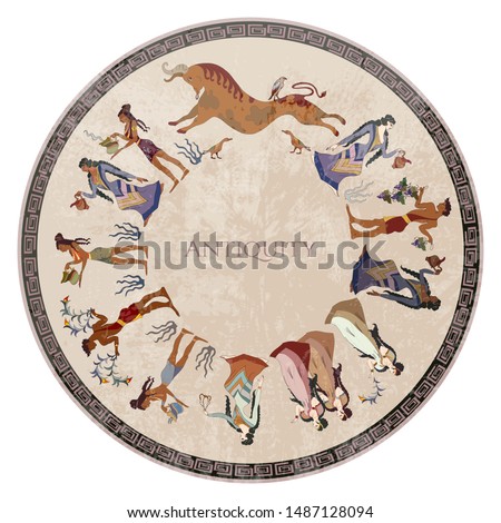 Crete. Heraklion. Cicrcle Knossos murals mythology. Minoan civilization. Ancient Greece frescos. Jumping bulls and goddesses. Ancient art  Royalty-Free Stock Photo #1487128094