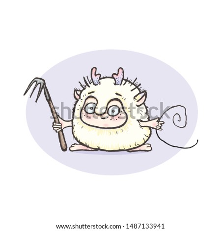 vector image of a cute fluffy round monster with big eyes and ears horns, funny plush toy isolated on white background, eps 10 yellow purpure violet