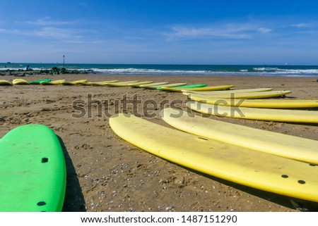 colourful surfboards in a circle on sunny beach with blue sky and sea