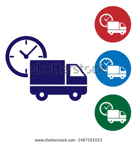 Blue Logistics delivery truck and clock icon isolated on white background. Delivery time icon. Set color icons in circle buttons. Vector Illustration