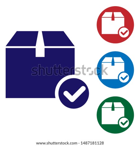 Blue Package box with check mark icon isolated on white background. Parcel box with checkmark. Approved delivery or successful package receipt. Set color icons in circle buttons. Vector Illustration
