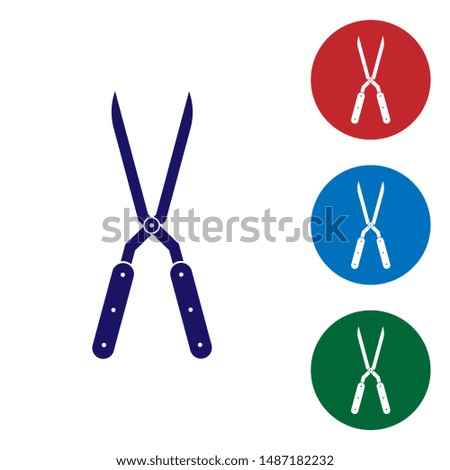 Blue Gardening handmade scissors for trimming icon isolated on white background. Pruning shears with wooden handles. Set color icon in circle buttons. Vector Illustration