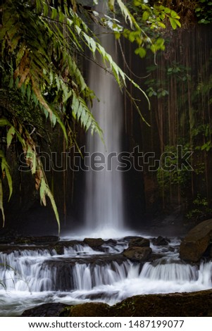 Waterfall landscape. Beautiful hidden waterfall in tropical rainforest. Jungle river. Sumampan waterfall in Ubud, Bali, Indonesia. Slow shutter speed, motion photography. Blurred leaves.