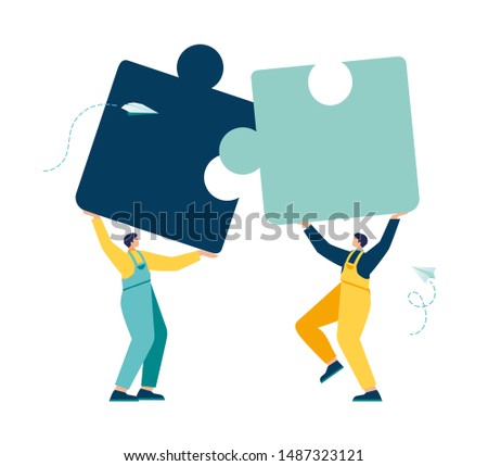 Business concept. Team metaphor. people connecting puzzle elements. Vector illustration flat design style. Symbol of teamwork, cooperation, partnership. Royalty-Free Stock Photo #1487323121