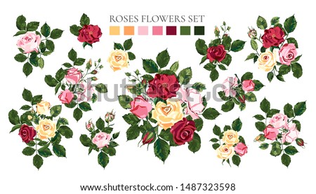 Set of bouquets pale pink red yellow roses flower buds with green leaves. Floral branch arrangements for wedding invitation save the date greeting card design. Botanical vector illustration