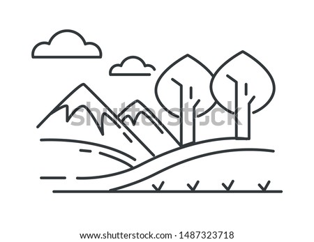 Nature and environment, mountains and hills, trees outline sketch vector. Landscape, meadow and mounts or rocks, clouds above green grass. Plants and vegetation lineart drawing, rural or suburban road