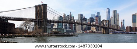 Brooklyn Bridge and lower Manhattan across East River NYC