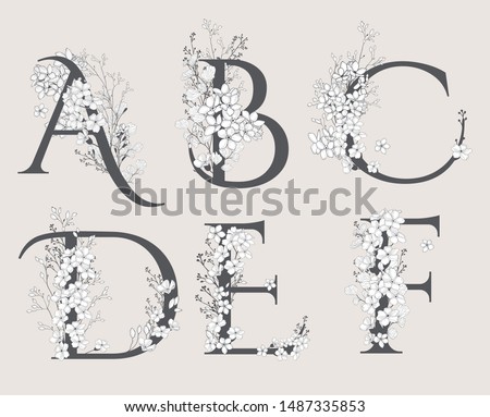 Vector Hand Drawn Floral Alphabet Monograms or Logos. Letters A, B, C, D, E, F with Flowers and Branches. Blossom. Flowered Design Elements. Brand Identity 