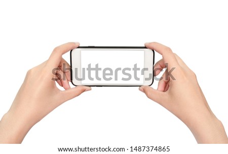 The woman's hand is holding a smartphone with a separate blank screen on a white background, suitable for use as a background image.
