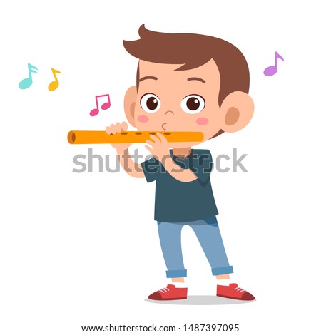happy kid play flute music vector Royalty-Free Stock Photo #1487397095