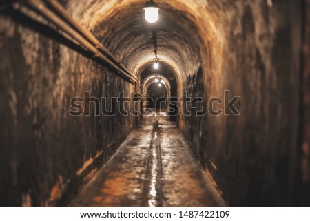 Old wet long narrow dark underground tunnel with dim lighting