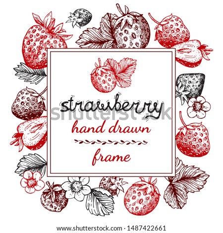 Background with berries and strawberry leaves. Hand-drawn, sketch, engraving style. Strawberry frame sketch. Vector template with vintage berries illustration. Design of poster, packaging, postcards,  Royalty-Free Stock Photo #1487422661