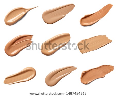 collection of beauty liquid powder make up strokes on white background. each one is shot separately Royalty-Free Stock Photo #1487454365