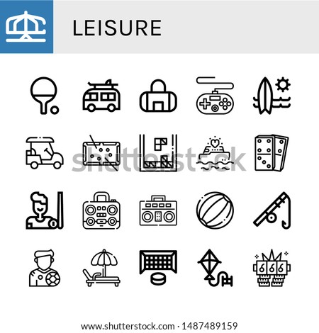 Set of leisure icons such as Merry go round, Ping pong, Camper, Gym bag, Gamepad, Surfboard, Golf cart, Pool, Tetris, Yatch, Dominoes, Billiard, Boombox, Beach ball , leisure