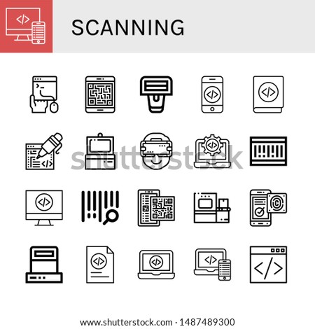 Set of scanning icons such as Code, Coding, Qr code, Barcode scanner, Scanner, Ar glasses, Barcode, Bar code, Fingerprint identification , scanning