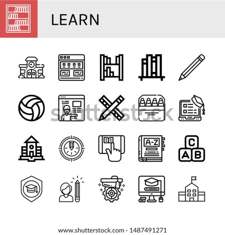 Set of learn icons such as Bookcase, School, Tutorial, Bookshelf, Book shelf, Pencil, Volleyball, Online learning, Pencils, Mortarboard, Elearning, Dictionary, Abc block , learn