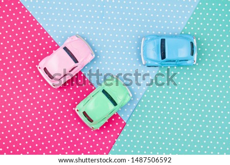 Top view of kids toy multicolored cars