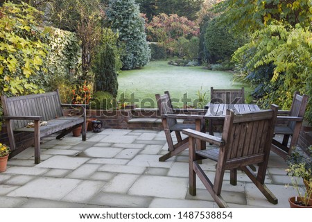 Patio and garden in suburban UK in autumn