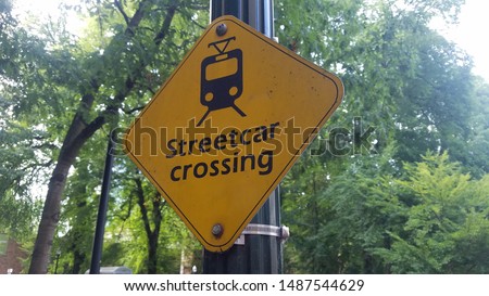 Streetcar crossing sign downtown Portland Oregon.