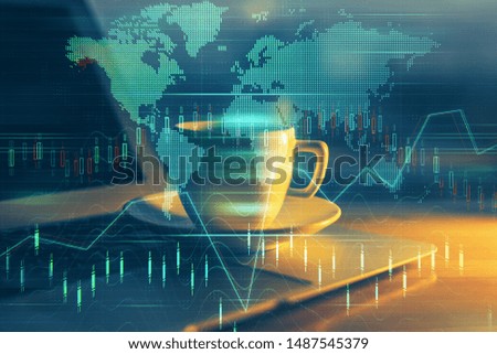 Multi exposure of chart and financial info and work space with computer background. Concept of international online trading.