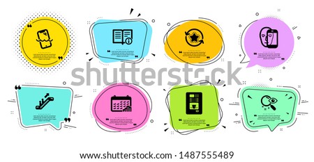 Escalator, Search and Smartphone waterproof line icons set. Chat bubbles with quotes. Calendar graph, Technical info and Loyalty points signs. Coffee vending, Face biometrics symbols. Vector