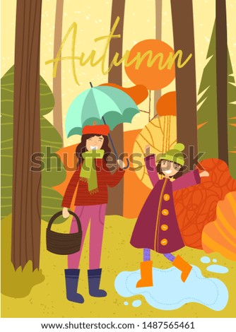 Happy little girl splashing in the rain in gumboots, watched by her smiling mother holding an umbrella in an autumn forest or woodland in a colorful vector poster of the seasons