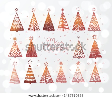 Christmas card with gold christmas trees doodles on white glowing background