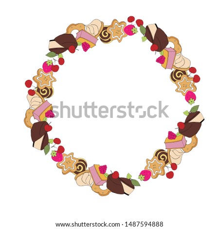 Wreath of sweet desserts and cakes on white background. Ready illustrations for menus, greeting cards, posters, stickers, Souvenirs, notebooks, calendars and design.Hand-drawn. Cartoon style. Vector