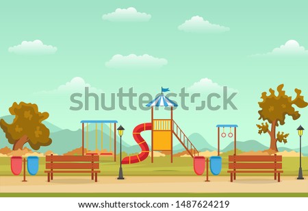 City Park in Fall Autumn with Kid Playground Playing Equipment Illustration